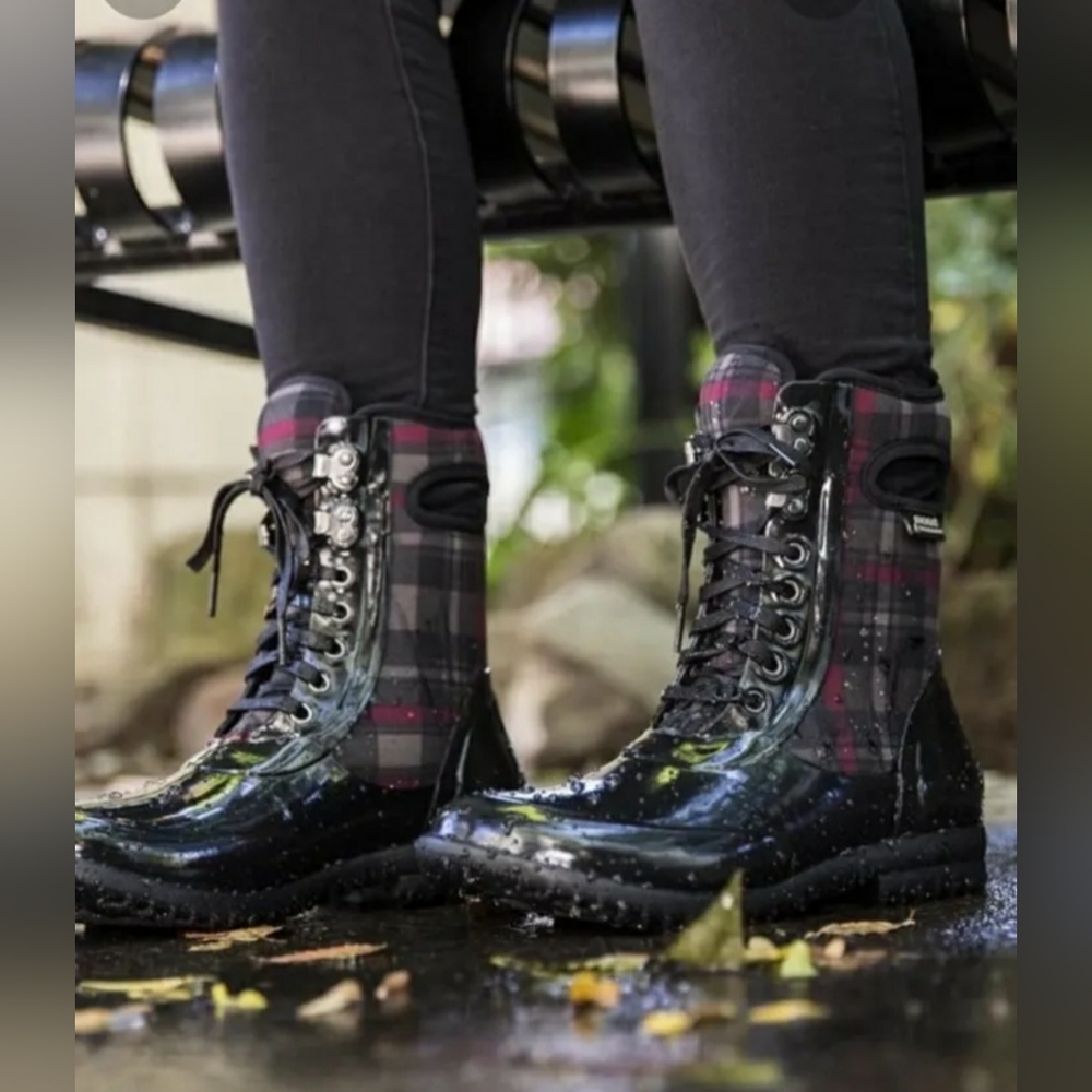 Bogs Boots Youth Sz 6 EUR 39 Sidney Lace Plaid Neo Tech Waterproof - Blue/Black
